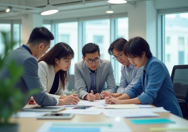 Diverse Sunrise Energy team discussing plans in a bright modern office