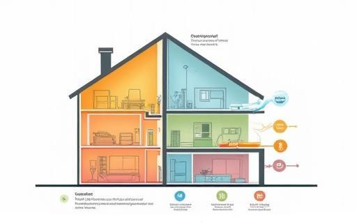 Infographic diagram showing energy flow, insulation, and efficiency measures in a residential building