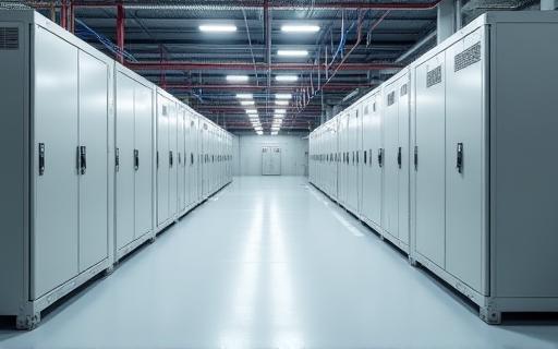 Rows of large battery storage units inside a clean industrial facility