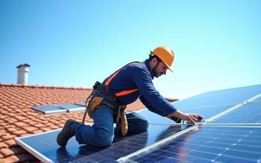 Worker installing a solar panel on a rooftop, bright sun