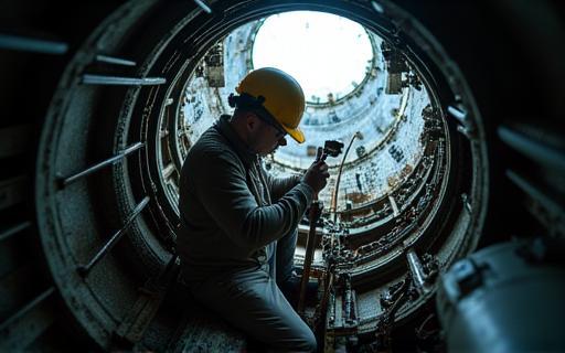 Technician working high up inside a wind turbine nacelle with tools
